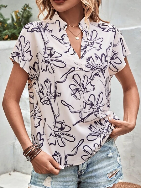 

Floral Half Open Collar Casual Loose Shirt, Khaki, Shirts & Blouses