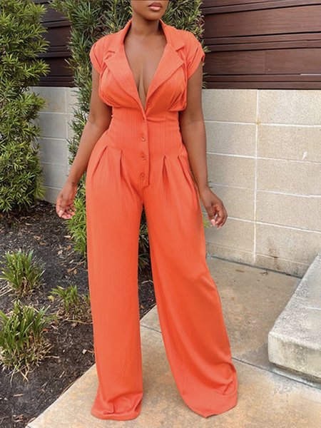 

Casual Plain Regular Fit Lapel Collar Jumpsuit, Orange, Jumpsuits