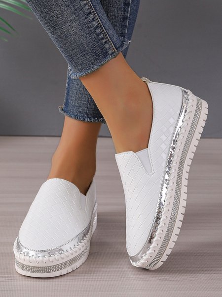 

Woven Upper Hand Stitching Rhinestones Platform Shoes, White, Flats