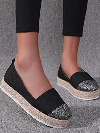 

Women's Glitter PU Canvas Flat Shoes Slip On, Black, Sneakers