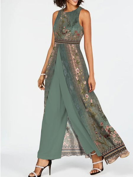 

Crew Neck Boho Regular Fit Ethnic Jumpsuit, Green, Jumpsuits＆Rompers