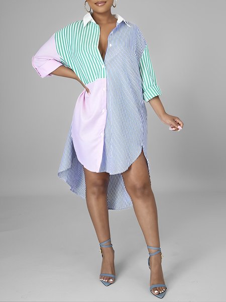 

Long sleeve Shirt Collar Urban Regular Fit Dress, Blue, Midi Dresses