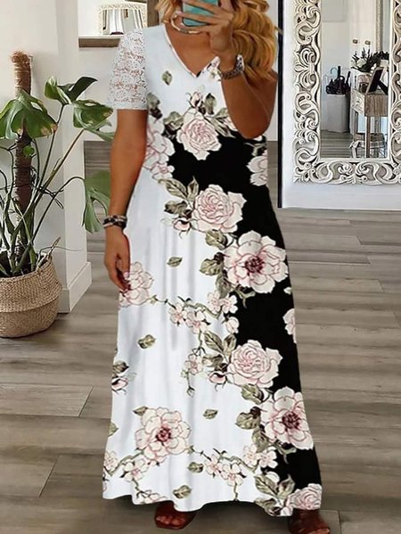 

Plus Size Jersey Vacation Regular Fit V Neck Dress, White, Dresses