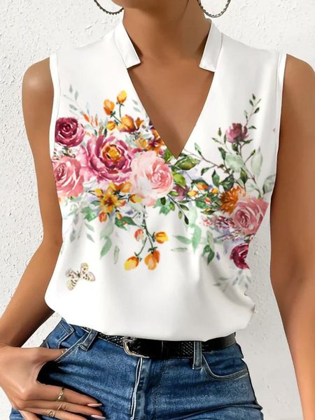 Loose V Neck Simple Floral Tank Top, White, Tanks & Camis