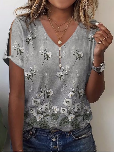 

Casual V Neck Loose Floral T-Shirt, Gray, T-Shirts