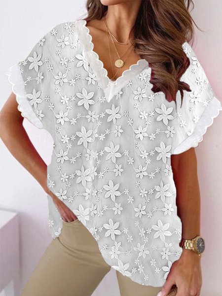 

Women Lace Collar Cotton Embroidered T-Shirt Top, White, Tees & T-shirts