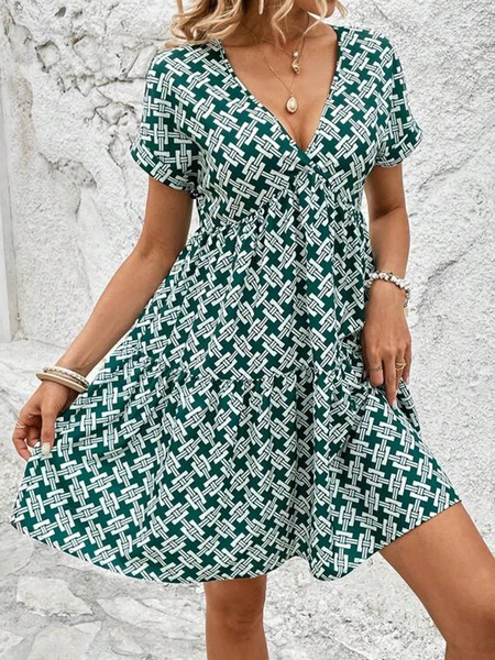 

V Neck Geometric Casual Dress With No, Green, Dresses
