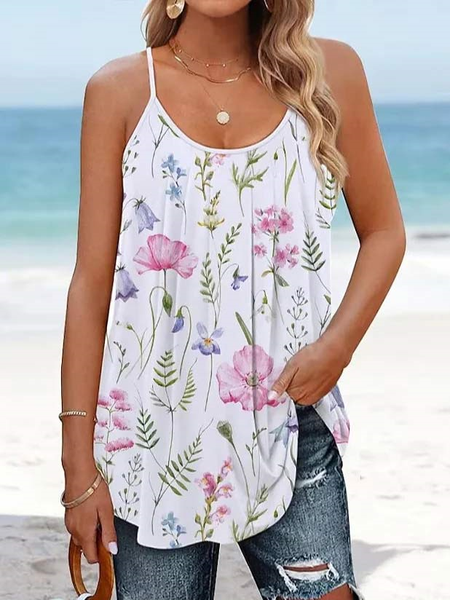 

Loose Crew Neck Casual Floral Cami, White, Tanks & Camis