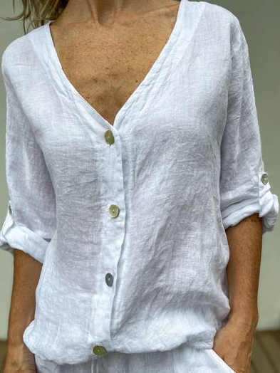 

Women's Linen Casual V-Neck 3/4 Sleeve Shirt Top, White, Blouses & Shirts