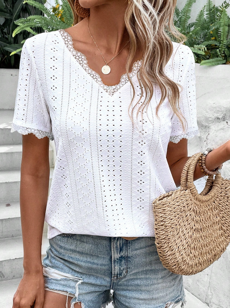 

V Neck Casual Regular Fit Lace T-Shirt, White, T-Shirts