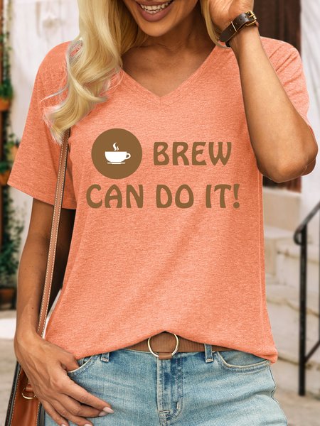 

Lilicloth X Kat8lyst Coffee Lover Brew Can Do It Women's V Neck Cotton-Blend Casual T-Shirt, Orange, T-shirts