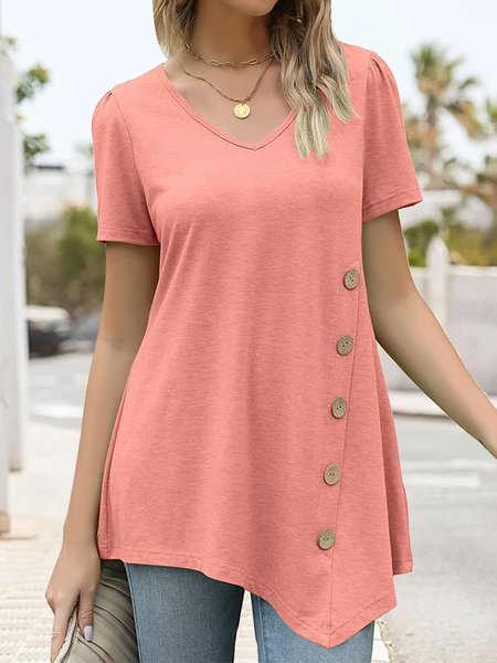 

Plain V Neck Buttoned Casual Shirt, Orange pink, T-Shirts