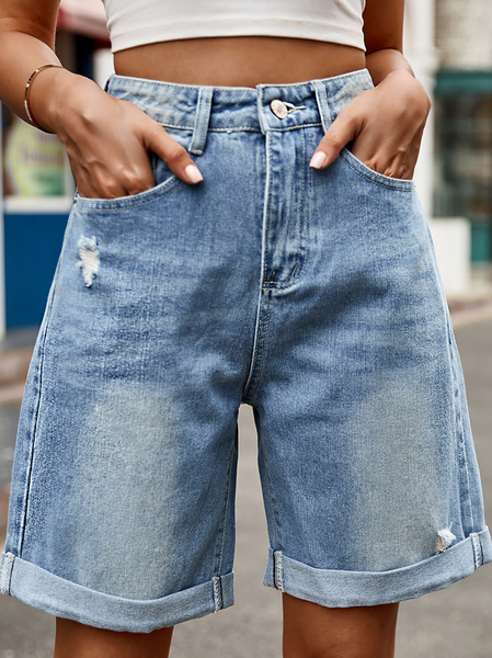 

Women's Ripped Rolled Edge Jean Shorts Casual High Waisted Long Denim Shorts, Blue, Jeans