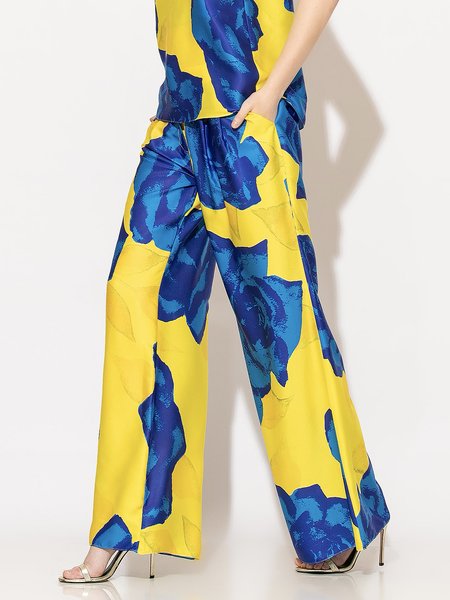

Regular Size Floral Loose Vacation Pants, Yellow, Pants