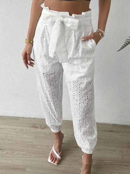 

Buttoned Linen Loose Pants, White, Pants