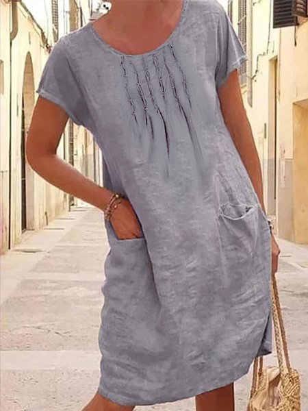 

Women round neck pleated Linen Loose Plain Crew Neck Dress, Gray, Mini Dresses