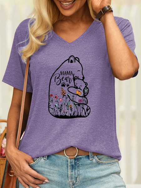 

Women’s Mama Bear and Baby with Wildflowers Casual V Neck T-Shirt, Purple, T-shirts