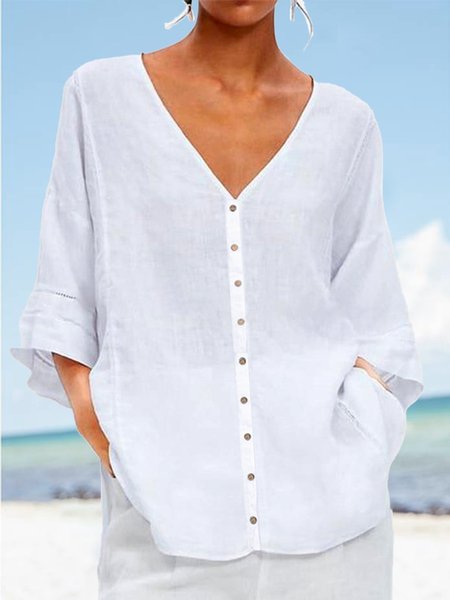 

Women's Ruffled Sleeves Cotton V Neck Loose Linen Blouse, White, Blouses & Shirts