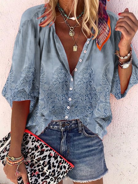 

Loose Vacation Ethnic Blouse, Blue, Shirts & Blouses