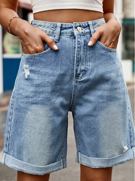 

Casual Loose Plain Denim Shorts, Blue, Shorts