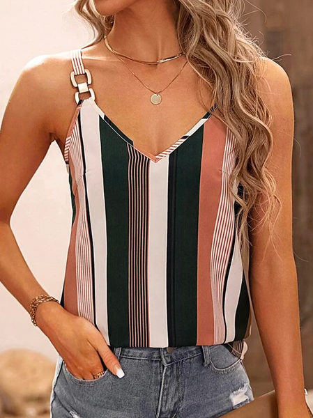 

Loose Vacation Striped Print Chain Detail Cami Top, Pink, Tanks & Camis