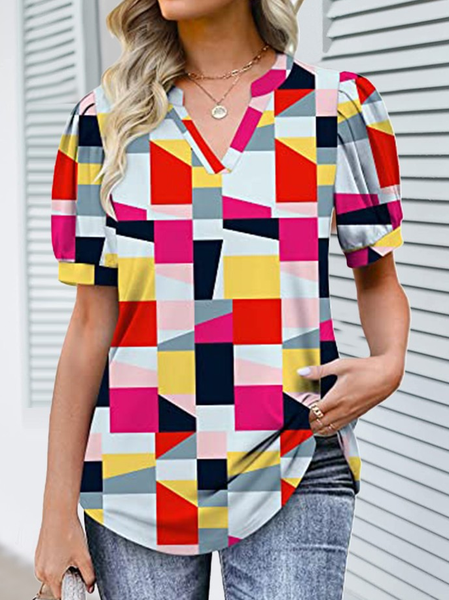 

V Neck Casual Geometric Shirt, Red, Shirts & Blouses