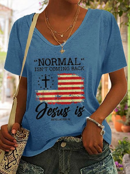 

Casual V Neck Flag Loose T-Shirt, Blue, T-Shirts
