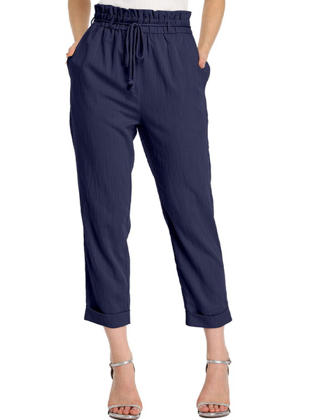 Women's Casual Capri Pants Linen Elastic Crop Relaxed Pants, Navyblue, Pants
