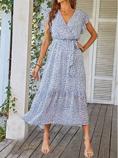 

Loose Small Floral V Neck Boho Dress With Belt, Blue, Dresses