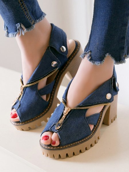 

Denim Lapel Design Zipper Chunky Heel Peep-toe Sandals, Deep blue, Sandals