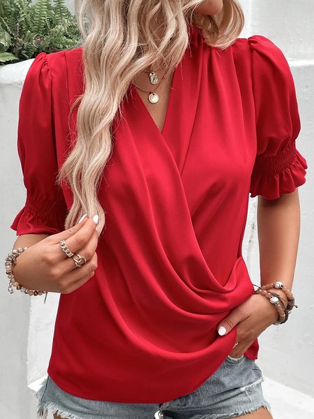 

Simple Cross Plain Loose Shirt, Red, Shirts & Blouses