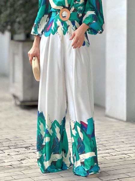 

Vacation Print Fashion Wide leg Pants, Green, Pants