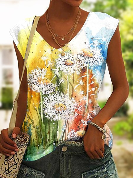 

Dandelion V Neck Casual Tank Top, Yellow, T-Shirts