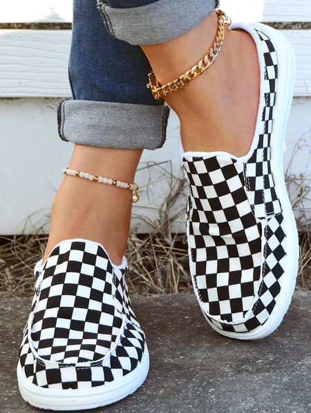 

Women's Checkerboard Grid Pattern Loafers Comfortable & Lightweight Ladies Shoes, Black, Sneakers