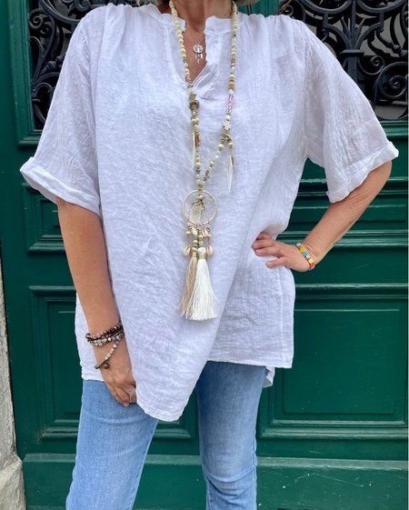 

Women's V Neck Linen Simple Casual T-Shirt Top, White, Tunics