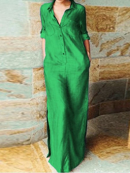 

Daily Loose Linen Plain Urban Shirt Dress, Green, Maxi Dresses