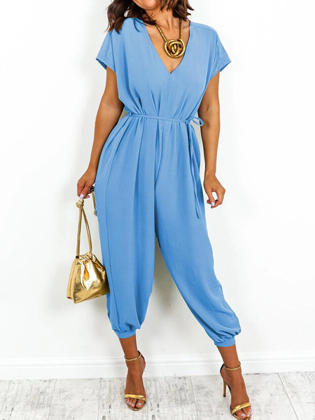 

Women's Jumpsuit Solid Color V Neck Formal Work Daily Regular Fit Short Sleeve, Blue, Jumpsuits＆Rompers
