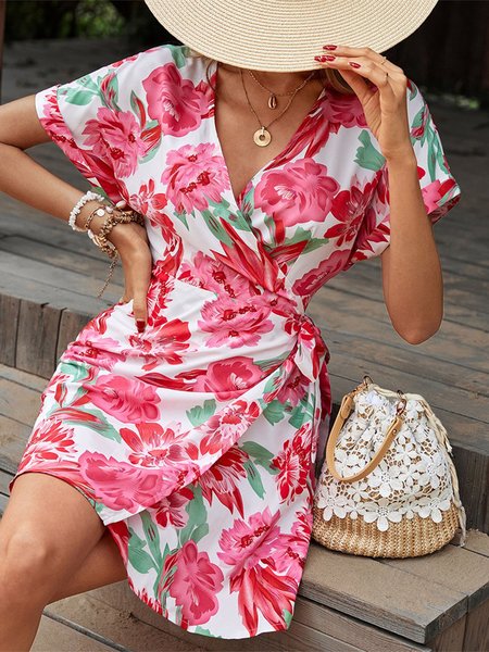 

Floral Elegant Dress With Belt, Red, Dresses