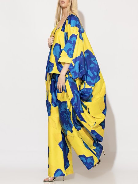 

Long Oversize Vacation Floral Batwing Sleeve Kimono, Yellow, Others