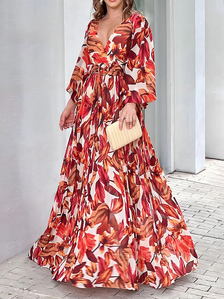 

Lightweight Floral Elegant Loose V Neck Belt Long sleeve Maxi Dress, As picture, Maxi Dresses