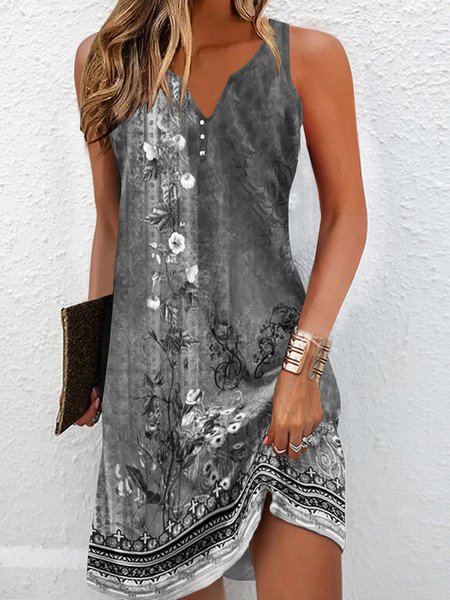 

Notched Casual Jersey Loose Dress, Gray, Dresses