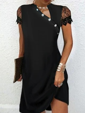 

Asymmetrical Lace Edge Casual Plain Dress, Black, Formal Dresses
