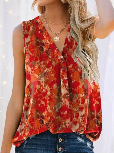 Bright Red Print Sleeveless Tank Top, Tanks & Camis