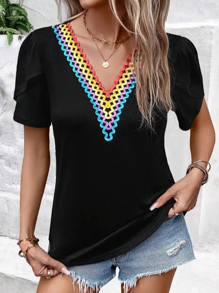 

Casual Lace Plain V Neck Shirt, Black, Shirts & Blouses