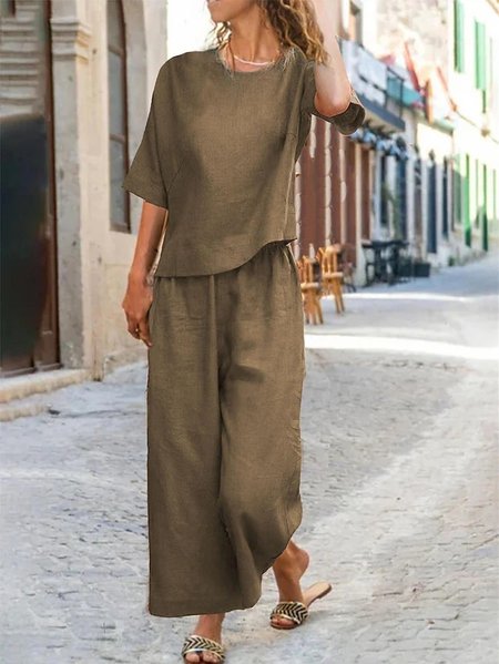 

Crew Neck Plain Loose Linen Two-Piece Set, Khaki, Suit Set