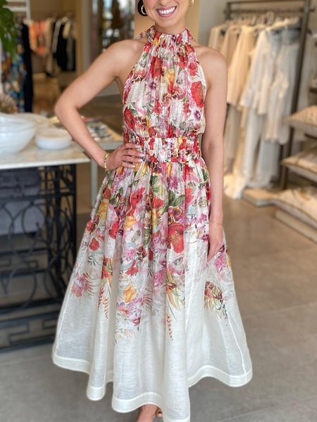 

Halter Vacation Floral Regular Fit Midi Dress With No Belt, Red, Midi Dresses