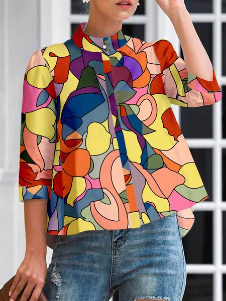 

Stand Collar Abstract Casual Loose Blouse, As picture, Blouses and Shirts