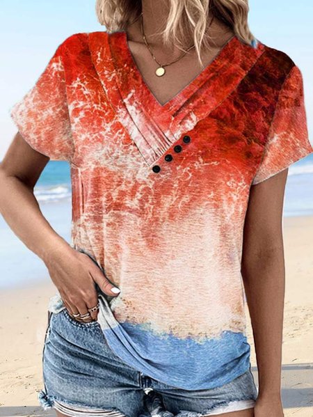 Loose Sea Printed Buttoned Casual Shirt, Red, Blouses