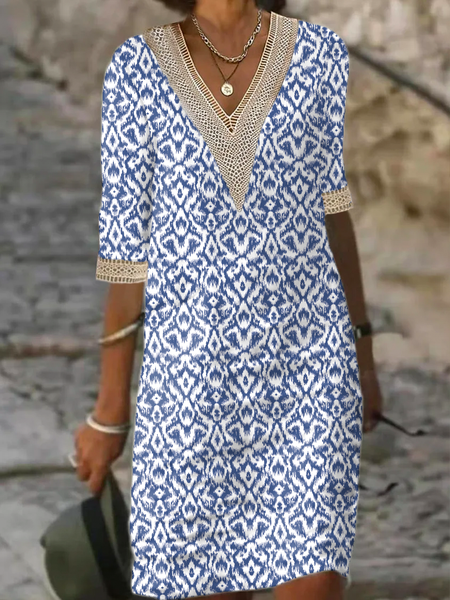 

Casual Loose V Neck Lace Dress, Blue, Dresses
