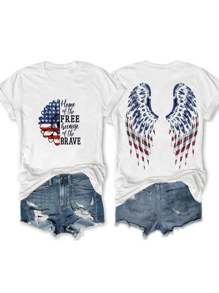 

Women's Cotton America Flag 4th Of July Patriotic Crew Neck Casual T-Shirt, White, T-shirts